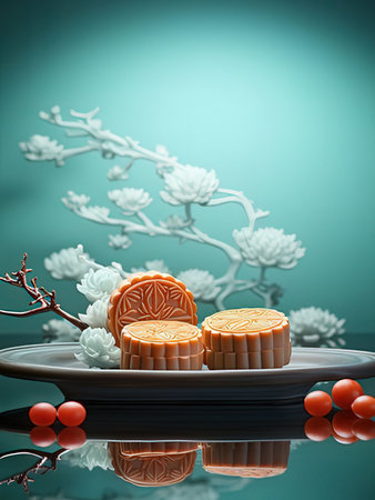 Moon cake and cherry blossom on green background, 3d renderingの写真素材