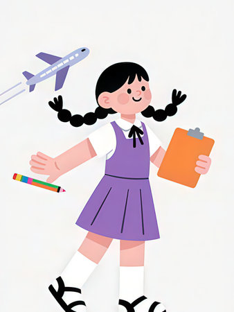 Schoolgirl with book and airplane on white background. Vector illustration.