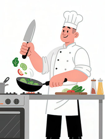 Chef cooking vegetable salad in the kitchen, cartoon vector illustration.