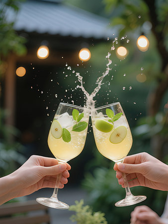 Glasses of champagne with splashes and leaves of mint on blurred backgroundの写真素材