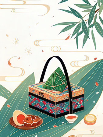 Illustration of traditional chinese dumplings in bamboo basketの写真素材