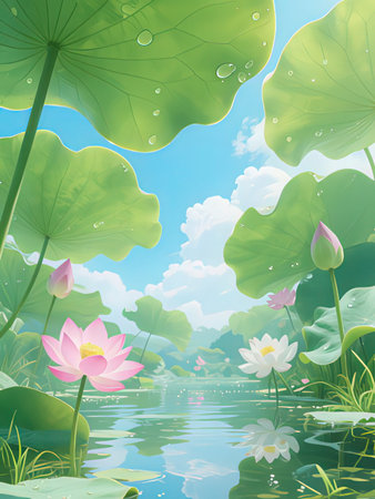 Lotus flower on the lake and sky background. Vector illustration.の写真素材