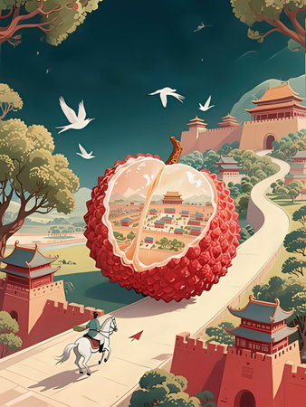 Chinese ancient city landscape with red lychee and dragonfly illustrationの写真素材