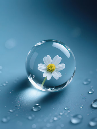 White daisy in a glass ball with water drops on blue backgroundの写真素材