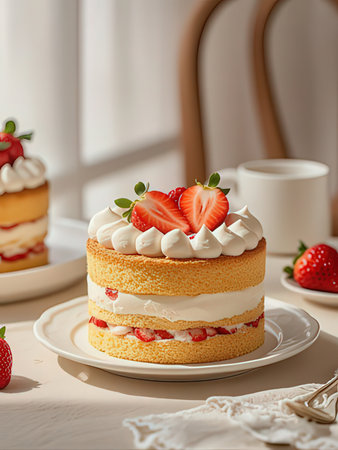 Strawberry cake with whipped cream and fresh strawberries on a white plateの写真素材