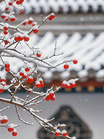 Branch of a tree with red berries covered with snow in winter