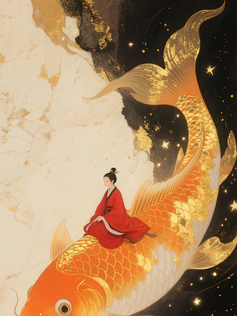 Koi fish and woman in a kimono on a marble backgroundの写真素材