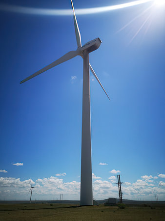 Wind turbines for electric power production, Zaragoza Province, Aragon, Spain.の写真素材
