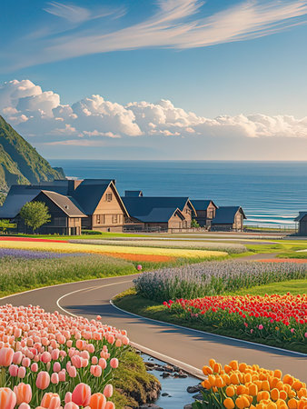Tulip fields and farmhouses on the background of the sea