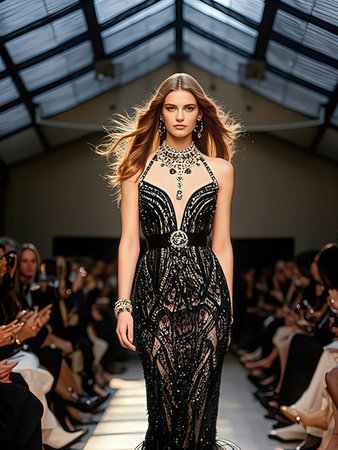 A model walks the runway during the Balmain show as part of the Paris Fashion Week Womenswear Spring/Summer 2016 in Paris, France.のeditorial素材