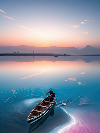 Fishing boat on the lake at sunset with a view of the mountainsの写真素材