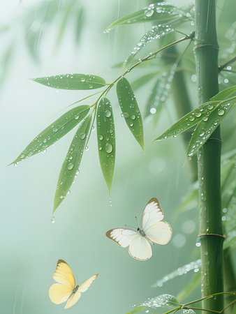butterflies on bamboo leaves with raindrops in the morning.の写真素材