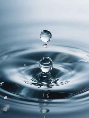 Water drop close up macro photography with ripples and waves on water surface