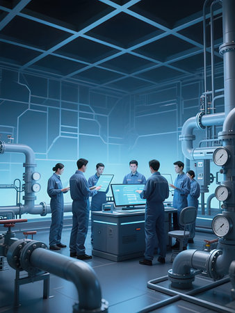 Group of engineers working together in a factory. 3D rendering.