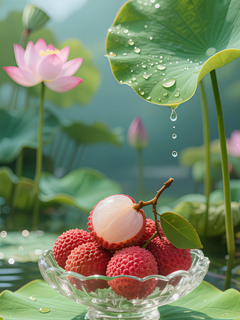 Fresh lychee in glass bowl with water drop and lotus leaf