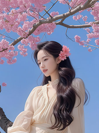 beautiful asian woman with pink sakura and blue sky backgroundの写真素材