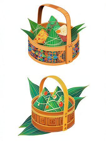 Basket with rice dumplings on a white background. Vector illustrationの写真素材