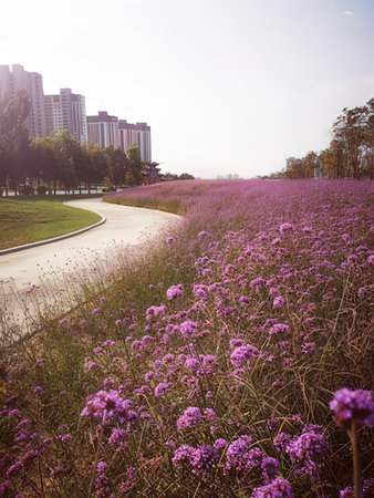 Purple flower field in the morning at hong kong.の写真素材