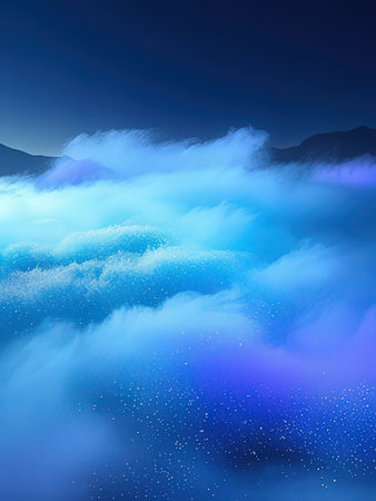 Foggy landscape with mountains and blue sky. 3d rendering