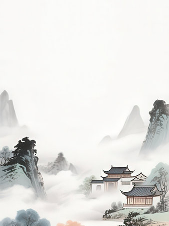 Digital painting of Chinese traditional houses in the mist. Landscape illustration.の写真素材