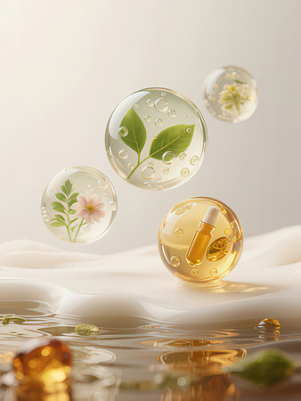 Herbal cosmetic oil capsule with flowers and leaves floating in water.