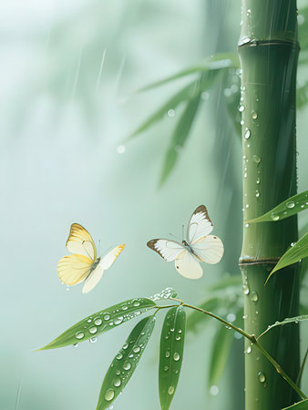 butterflies on bamboo branch with water drops, shallow dofの写真素材