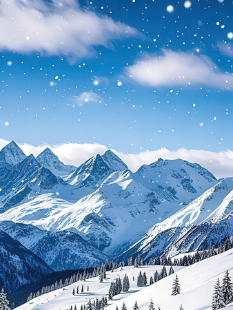 Beautiful winter landscape with snow covered mountains and blue sky with cloudsの写真素材