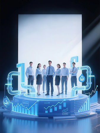 Business people standing on hologram screen against black background with vignetteの写真素材