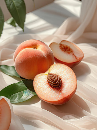 Peaches with leaves on white fabric background. Healthy food concept.の写真素材