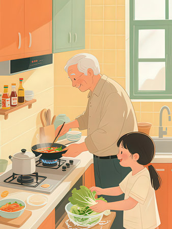 Grandfather and granddaughter cooking together in the kitchen. Vector illustration.の写真素材