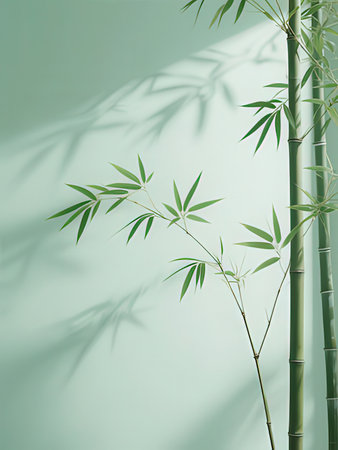 Bamboo on green wall background. 3d render. Minimal style.の写真素材
