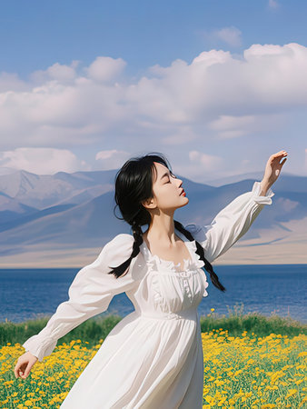 Young asian woman in white dress on the meadow with yellow flowersの写真素材