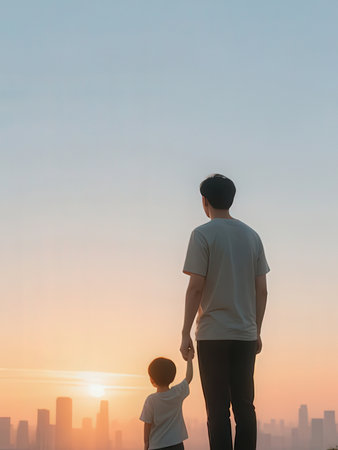 father and son looking at the sunrise over the city. concept of healthy lifestyleの写真素材