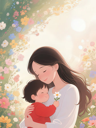 Mother and child in the meadow with flowers. Vector illustration.の写真素材