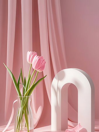 3d render of pink tulip flowers in vase and white archの写真素材