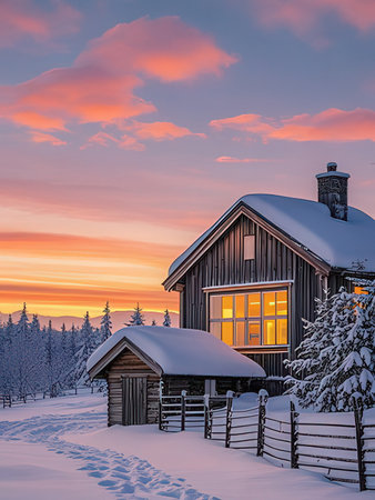 Beautiful winter landscape with wooden house in snowy forest at sunset.の写真素材