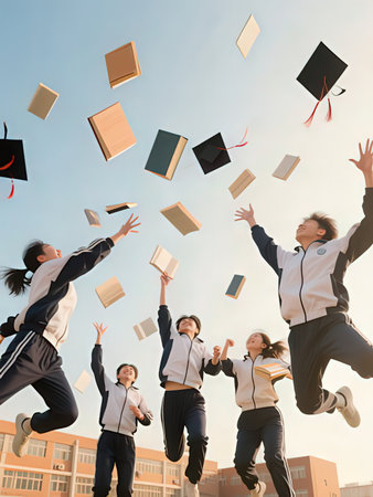 Group of high school students jumping in the air with books and diploma