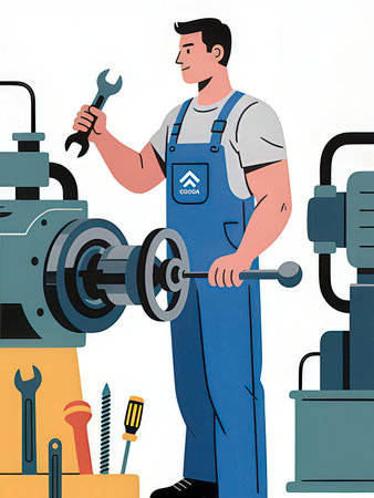 Vector illustration of a man with a wrench on a lathe.の写真素材
