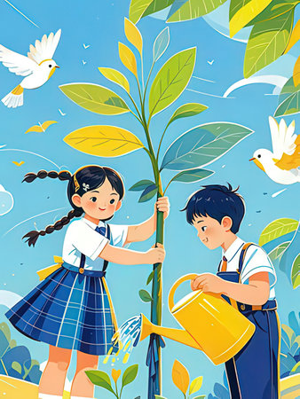 Boy and girl watering a tree with a watering can. Vector illustration.の写真素材