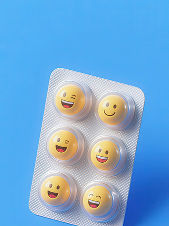 Smiley faces in a blister pack on a blue background, top view