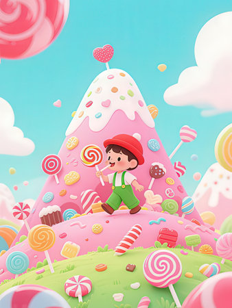 Cute boy eating candies on the top of the mountain illustrationの写真素材