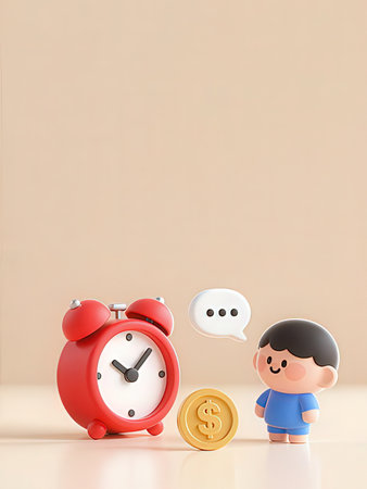 Alarm clock and boy with speech bubble. Time is money concept