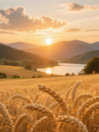 Wheat field at sunset. Beautiful landscape with wheat field and sunの写真素材