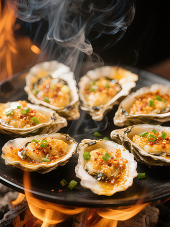 Oysters with garlic and parsley in a frying pan.の写真素材
