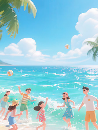 Happy family on a tropical beach. Summer vacation concept. Vector illustration.の写真素材
