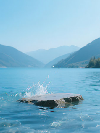 Water splash on the rock in the lake with mountains in the backgroundの写真素材