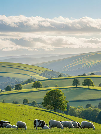 Sheep grazing in the green rolling hills of the English countryside.