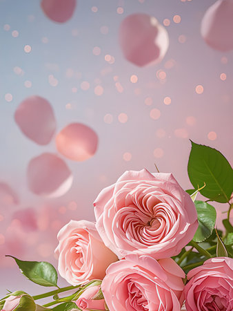 Bouquet of pink roses with hearts on bokeh backgroundの写真素材