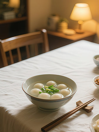 Bowl of rice dumplings on the bed in the morningの写真素材
