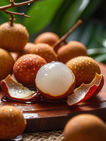 Fresh longan fruit with water drops on wooden board, closeupの写真素材